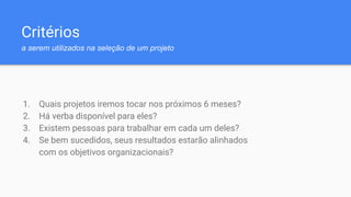Critérios
a serem utilizados na seleção de um projeto
1. Quais projetos iremos tocar nos próximos 6 meses?
2. Há verba disponível para eles?
3. Existem pessoas para trabalhar em cada um deles?
4. Se bem sucedidos, seus resultados estarão alinhados
com os objetivos organizacionais?
 