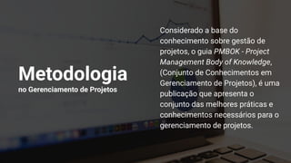 Considerado a base do
conhecimento sobre gestão de
projetos, o guia PMBOK - Project
Management Body of Knowledge,
(Conjunto de Conhecimentos em
Gerenciamento de Projetos), é uma
publicação que apresenta o
conjunto das melhores práticas e
conhecimentos necessários para o
gerenciamento de projetos.
Metodologia
no Gerenciamento de Projetos
 