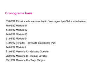 Cronograma base
03/08/22 Primeira aula - apresentação / sondagem / perfil dos estudantes /
10/08/22 Módulo 01
17/08/22 Módulo 02
24/08/22 Módulo 03
31/08/22 Módulo 04
07/09/22 (feriado) – atividade Blackboard (A2)
14/09/22 Módulo 5
21/09/22 Mentoria A – Gustavo Guertler
28/09/22 Mentoria B – Raquel Lovatto
05/10/22 Mentoria C – Tiago Vargas
 