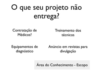 O que seu projeto não
entrega?
Contratação de
Médicos?

Treinamento dos
técnicos

Equipamentos de
diagnóstico

Anúncio em revistas para
divulgação

Área do Conhecimento - Escopo

 
