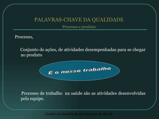 PALAVRAS-CHAVE DA QUALIDADE Processo,  Conjunto de ações, de atividades desempenhadas para se chegar ao produto Processo de trabalho  na saúde são as atividades desenvolvidas pela equipe. É o nosso trabalho Processo e produto 