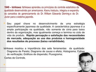 1949 – Ishikawa: Ishikawa aprendeu os princípios do controle estatístico da
qualidade desenvolvido por americanos. Kaoru traduziu, integrou e expandiu
os conceitos de gerenciamento do Dr. William Edwards Deming e do Dr.
Juran para o sistema japonês.
 Seu papel chave no desenvolvimento de uma estratégia
especificamente japonesa da qualidade. A característica japonesa é a
ampla participação na qualidade, não somente de cima para baixo
dentro da organização, mas igualmente começa e termina no ciclo de
vida de produto. Rápida percepção e satisfação das necessidades
do mercado, adequação ao uso dos produtos e homogeneidade
dos resultados do processo (baixa variabilidade).
Ishikawa mostrou a importância das sete ferramentas da qualidade:
Diagrama de Pareto; Diagrama de causa e efeito; Histograma; Folhas
de verificação; Gráficos de dispersão; Fluxograma;
Cartas de Controle.

 