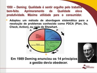 1950 – Deming; Qualidade é sentir orgulho pelo trabalho
bem-feito. Aprimoramento da Qualidade eleva
produtividade. Máxima utilidade para o consumidor.
 Adaptou um método de abordagem sistemática para a
resolução de problemas conhecido como PDCA (Plan, Do,
Check, Action), ou ciclo de Shewhart.

Em 1989 Deming enunciou os 14 princípios a que
a gestão devia obedecer.
 