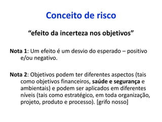 Conceito de risco
“efeito da incerteza nos objetivos”
Nota 1: Um efeito é um desvio do esperado – positivo
e/ou negativo.
Nota 2: Objetivos podem ter diferentes aspectos (tais
como objetivos financeiros, saúde e segurança e
ambientais) e podem ser aplicados em diferentes
níveis (tais como estratégico, em toda organização,
projeto, produto e processo). [grifo nosso]
 
