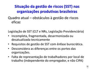 34
34
Situação da gestão de riscos (SST) nas
organizações produtivas brasileiras
Quadro atual – obstáculos à gestão de riscos
eficaz
Legislação de SST (CLT e NRs, Legislação Previdenciária)
• Incompleta, fragmentada, desarmonizada ou
desatualizada tecnicamente
• Requisitos de gestão de SST com ênfase burocrática.
• Desconsidera as diferenças entre os portes das
organizações.
• Falta de representação de trabalhadores por local de
trabalho (independente do empregador, e não CIPA)
 