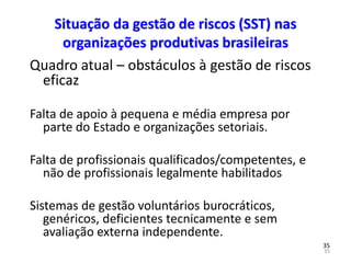 35
35
Situação da gestão de riscos (SST) nas
organizações produtivas brasileiras
Quadro atual – obstáculos à gestão de riscos
eficaz
Falta de apoio à pequena e média empresa por
parte do Estado e organizações setoriais.
Falta de profissionais qualificados/competentes, e
não de profissionais legalmente habilitados
Sistemas de gestão voluntários burocráticos,
genéricos, deficientes tecnicamente e sem
avaliação externa independente.
 