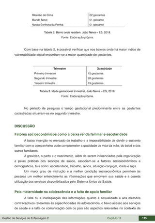 Gestão de Serviços de Enfermagem 2 Capítulo 11 115
Ribeirão de Cima 02 gestantes
Mundo Novo 01 gestante
Nossa Senhora da Penha 01 gestante
Tabela 2. Bairro onde residem. João Neiva – ES, 2018.
Fonte: Elaboração própria.
Com base na tabela 2, é possível verificar que nos bairros onde há maior índice de
vulnerabilidade social encontram-se a maior quantidade de gestantes.
Trimestre Quantidade
Primeiro trimestre 15 gestantes
Segundo trimestre 28 gestantes
Terceiro trimestre 19 gestantes
Tabela 3. Idade gestacional trimestral. João Neiva – ES, 2018.
Fonte: Elaboração própria.
No período de pesquisa o tempo gestacional predominante entre as gestantes
cadastradas situavam-se no segundo trimestre.
DISCUSSÃO
Fatores socioeconômicos como a baixa renda familiar e escolaridade
A baixa inserção no mercado de trabalho e a impossibilidade de dividir o sustento
familiar com o companheiro pode comprometer a qualidade de vida da mãe, do bebê e dos
outros familiares.
A gravidez, o parto e o nascimento, além de serem influenciados pela organização
e pelas práticas dos serviços de saúde, associam-se a fatores socioeconômicos e
demográficos, tais como: escolaridade, trabalho, renda, situação conjugal, idade e raça.
Um maior grau de instrução e a melhor condição socioeconômica permitem às
pessoas um melhor entendimento as informações que envolvem sua saúde e a correta
utilização dos serviços disponibilizados pelo Sistema Único de Saúde.
Pela maternidade na adolescência e a falta de apoio familiar
A falta ou a inadequação das informações quanto à sexualidade e aos métodos
contraceptivos referentes às especificidades da adolescência, o baixo acesso aos serviços
de saúde e a falta de comunicação com os pais são aspectos relevantes no contexto da
 