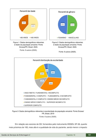 Gestão de Serviços de Enfermagem 2 Capítulo 16 161
Figura 1: Dados demográficos referentes
à idade da população amostral. Ponta
Grossa/PR, Brasil, 2020.
Fonte: A autora (2020).
Figura 2: Dados demográficos referentes
à idade da população amostral. Ponta
Grossa/PR, Brasil, 2020.
Fonte: A autora (2020).
Figura 3: Dados demográficos referentes à escolaridade da população amostral. Ponta Grossa/
PR, Brasil, 2019
Fonte: A autora (2020).
Em relação aos escores de QV, fornecidos pelo instrumento KDQOL SF-36, quanto
mais próximos de 100, mais alta é a qualidade de vida do paciente, sendo menor o impacto
 