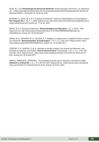 Gestão de Serviços de Enfermagem 2 Capítulo 20 203
SILVA, W. J. M. Fisiopatologia da doença de Alzheimer. Portal Educação: São Paulo, s.d. Disponível
em: < https://siteantigo.portaleducacao.com.br/conteudo/artigos/medicina/fisiopatologia-da-doenca-de-
alzheimer/59760 >. Acessado em: 22 de fev. 2021.
SERENIKI, A.; VITAL, M. A. B. F. A doença de Alzheimer: aspectos fisiopatológicos e farmacológicos.
Rev Psiquiatr RS, v. 30, n. 1, 2008. Disponível em: http://www.uesb.br/eventos/farmacologiaclinicasnc/
artigo%20alzheimer.pdf. Acesso em: 17 de fev. 2021.
SMITH, M. A. C. Doença de Alzheimer. Revista Brasileira de Psiquiatria, v. 21, p. 03-07, 1999.
Disponível em: http://www.scielo.br/scielo.php?pid=S1516-44461999000600003&script=sci_
arttext&tlng=es. Acesso em: 02 de abril 2017.
SEIMA, M. D.; LENARDT, M. H.; CALDAS, C. P. Relação no cuidado entre o cuidador familiar e o idoso
com Alzheimer. Revista Brasileira de Enfermagem, v. 67, n. 2, p. 233, 2014. Disponível em: http://
www.redalyc.org/html/2670/267030687010/. Acesso em: 10 de abril 2017.
TRISTÃO, F. R.; SANTOS, S. M. A.. Atenção ao familiar cuidador com doença de Alzheimer: uma
atividade de extensão universitária. Texto Contexto Enferm, Florianópolis, v. 24, n. 4, p. 1175-1180
(out-dez), 2015. Disponível em: <http://www.scielo.br/pdf/tce/v24n4/pt_0104-0707-tce-24-04-01175.
pdf>. Acesso em: 18 de abril 2017.
WIMO A, WINBLAD B, JÖNSSON L. The worldwide societal costs of dementia: estimates for 2009.
Alzheimer’s & Dementia, v. 6, n. 2, p. 98-103, 2010. Disponível em: <https://alz-journals.onlinelibrary.
wiley.com/doi/abs/10.1016/j.jalz.2010.01.010>. Acesso: 22 de fev. 2021.
 
