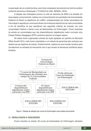 Gestão de Serviços de Enfermagem 2 Capítulo 21 207
à apreciação de um comitê de ética, pois foram analisados documentos de domínio público
conforme preconiza a Resolução nº 510/2016 do CNS. (BRASIL, 2016)
A seleção das instituições ocorreu no mês de setembro de 2020 e foi dividida em
duas etapas: primeiramente, realizou-se um levantamento do quantitativo de Universidades
Federais do Brasil na plataforma do e-MEC, complementado por fontes secundárias de
informação e seguido por uma busca direta nos endereços eletrônicos de cada universidade
a fim de identificar as que atenderam aos seguintes critérios de inclusão: ser uma
universidade Federal e ofertar curso de Bacharelado em Enfermagem. Foram excluídos
do estudo as universidades que não disponibilizaram digitalmente matriz curricular e/ou
Projeto Político Pedagógico (PPP) conforme descrito na imagem abaixo.
Os dados foram organizados através de dupla digitação em planilha do Microsoft
Office Excel® 2013, onde foram submetidos a um cálculo de percentual das variáveis que
aliaram-se aos objetivos do estudo. Posteriormente, realizou-se uma revisão narrativa para
correlacionar os achados do manuscrito com o que versam as literaturas científicas dessa
temática.
Figura 1: Etapas de seleção dos cursos de Enfermagem para análise documental.
3 | RESULTADOS E DISCUSSÃO
Foram incluídos no estudo, 63 cursos de bacharelado em Enfermagem ofertados
 