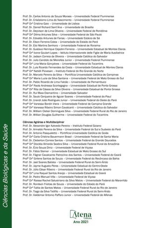 Prof. Dr. Carlos Antonio de Souza Moraes – Universidade Federal Fluminense
Prof. Dr. Crisóstomo Lima do Nascimento – Universidade Federal Fluminense
Profª Drª Cristina Gaio – Universidade de Lisboa
Prof. Dr. Daniel Richard Sant’Ana – Universidade de Brasília
Prof. Dr. Deyvison de Lima Oliveira – Universidade Federal de Rondônia
Profª Drª Dilma Antunes Silva – Universidade Federal de São Paulo
Prof. Dr. Edvaldo Antunes de Farias – Universidade Estácio de Sá
Prof. Dr. Elson Ferreira Costa – Universidade do Estado do Pará
Prof. Dr. Eloi Martins Senhora – Universidade Federal de Roraima
Prof. Dr. Gustavo Henrique Cepolini Ferreira – Universidade Estadual de Montes Claros
Profª Drª Ivone Goulart Lopes – Istituto Internazionele delle Figlie de Maria Ausiliatrice
Prof. Dr. Jadson Correia de Oliveira – Universidade Católica do Salvador
Prof. Dr. Julio Candido de Meirelles Junior – Universidade Federal Fluminense
Profª Drª Lina Maria Gonçalves – Universidade Federal do Tocantins
Prof. Dr. Luis Ricardo Fernandes da Costa – Universidade Estadual de Montes Claros
Profª Drª Natiéli Piovesan – Instituto Federal do Rio Grande do Norte
Prof. Dr. Marcelo Pereira da Silva – Pontifícia Universidade Católica de Campinas
Profª Drª Maria Luzia da Silva Santana – Universidade Federal de Mato Grosso do Sul
Prof. Dr. Pablo Ricardo de Lima Falcão – Universidade de Pernambuco
Profª Drª Paola Andressa Scortegagna – Universidade Estadual de Ponta Grossa
Profª Drª Rita de Cássia da Silva Oliveira – Universidade Estadual de Ponta Grossa
Prof. Dr. Rui Maia Diamantino – Universidade Salvador
Prof. Dr. Saulo Cerqueira de Aguiar Soares – Universidade Federal do Piauí
Prof. Dr. Urandi João Rodrigues Junior – Universidade Federal do Oeste do Pará
Profª Drª Vanessa Bordin Viera – Universidade Federal de Campina Grande
Profª Drª Vanessa Ribeiro Simon Cavalcanti – Universidade Católica do Salvador
Prof. Dr. William Cleber Domingues Silva – Universidade Federal Rural do Rio de Janeiro
Prof. Dr. Willian Douglas Guilherme – Universidade Federal do Tocantins
Ciências Agrárias e Multidisciplinar
Prof. Dr. Alexandre Igor Azevedo Pereira – Instituto Federal Goiano
Prof. Dr. Arinaldo Pereira da Silva – Universidade Federal do Sul e Sudeste do Pará
Prof. Dr. Antonio Pasqualetto – Pontifícia Universidade Católica de Goiás
Profª Drª Carla Cristina Bauermann Brasil – Universidade Federal de Santa Maria
Prof. Dr. Cleberton Correia Santos – Universidade Federal da Grande Dourados
Profª Drª Diocléa Almeida Seabra Silva – Universidade Federal Rural da Amazônia
Prof. Dr. Écio Souza Diniz – Universidade Federal de Viçosa
Prof. Dr. Fábio Steiner – Universidade Estadual de Mato Grosso do Sul
Prof. Dr. Fágner Cavalcante Patrocínio dos Santos – Universidade Federal do Ceará
Profª Drª Girlene Santos de Souza – Universidade Federal do Recôncavo da Bahia
Prof. Dr. Jael Soares Batista – Universidade Federal Rural do Semi-Árido
Prof. Dr. Jayme Augusto Peres – Universidade Estadual do Centro-Oeste
Prof. Dr. Júlio César Ribeiro – Universidade Federal Rural do Rio de Janeiro
Profª Drª Lina Raquel Santos Araújo – Universidade Estadual do Ceará
Prof. Dr. Pedro Manuel Villa – Universidade Federal de Viçosa
Profª Drª Raissa Rachel Salustriano da Silva Matos – Universidade Federal do Maranhão
Prof. Dr. Ronilson Freitas de Souza – Universidade do Estado do Pará
Profª Drª Talita de Santos Matos – Universidade Federal Rural do Rio de Janeiro
Prof. Dr. Tiago da Silva Teófilo – Universidade Federal Rural do Semi-Árido
Prof. Dr. Valdemar Antonio Paffaro Junior – Universidade Federal de Alfenas
 