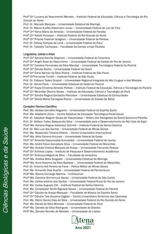 Profª Drª Luciana do Nascimento Mendes – Instituto Federal de Educação, Ciência e Tecnologia do Rio
Grande do Norte
Prof. Dr. Marcelo Marques – Universidade Estadual de Maringá
Prof. Dr. Marco Aurélio Kistemann Junior – Universidade Federal de Juiz de Fora
Profª Drª Neiva Maria de Almeida – Universidade Federal da Paraíba
Profª Drª Natiéli Piovesan – Instituto Federal do Rio Grande do Norte
Profª Drª Priscila Tessmer Scaglioni – Universidade Federal de Pelotas
Prof. Dr. Sidney Gonçalo de Lima – Universidade Federal do Piauí
Prof. Dr. Takeshy Tachizawa – Faculdade de Campo Limpo Paulista
Linguística, Letras e Artes
Profª Drª Adriana Demite Stephani – Universidade Federal do Tocantins
Profª Drª Angeli Rose do Nascimento – Universidade Federal do Estado do Rio de Janeiro
Profª Drª Carolina Fernandes da Silva Mandaji – Universidade Tecnológica Federal do Paraná
Profª Drª Denise Rocha – Universidade Federal do Ceará
Profª Drª Edna Alencar da Silva Rivera – Instituto Federal de São Paulo
Profª DrªFernanda Tonelli – Instituto Federal de São Paulo,
Prof. Dr. Fabiano Tadeu Grazioli – Universidade Regional Integrada do Alto Uruguai e das Missões
Prof. Dr. Gilmei Fleck – Universidade Estadual do Oeste do Paraná
Profª Drª Keyla Christina Almeida Portela – Instituto Federal de Educação, Ciência e Tecnologia do Paraná
Profª Drª Miranilde Oliveira Neves – Instituto de Educação, Ciência e Tecnologia do Pará
Profª Drª Sandra Regina Gardacho Pietrobon – Universidade Estadual do Centro-Oeste
Profª Drª Sheila Marta Carregosa Rocha – Universidade do Estado da Bahia
Conselho Técnico Científico
Prof. Me. Abrãao Carvalho Nogueira – Universidade Federal do Espírito Santo
Prof. Me. Adalberto Zorzo – Centro Estadual de Educação Tecnológica Paula Souza
Prof. Dr. Adaylson Wagner Sousa de Vasconcelos – Ordem dos Advogados do Brasil/Seccional Paraíba
Prof. Dr. Adilson Tadeu Basquerote Silva – Universidade para o Desenvolvimento do Alto Vale do Itajaí
Profª Ma. Adriana Regina Vettorazzi Schmitt – Instituto Federal de Santa Catarina
Prof. Dr. Alex Luis dos Santos – Universidade Federal de Minas Gerais
Prof. Me. Alexsandro Teixeira Ribeiro – Centro Universitário Internacional
Profª Ma. Aline Ferreira Antunes – Universidade Federal de Goiás
Profª Drª Amanda Vasconcelos Guimarães – Universidade Federal de Lavras
Prof. Me. André Flávio Gonçalves Silva – Universidade Federal do Maranhão
Profª Ma. Andréa Cristina Marques de Araújo – Universidade Fernando Pessoa
Profª Drª Andreza Lopes – Instituto de Pesquisa e Desenvolvimento Acadêmico
Profª Drª Andrezza Miguel da Silva – Faculdade da Amazônia
Profª Ma. Anelisa Mota Gregoleti – Universidade Estadual de Maringá
Profª Ma. Anne Karynne da Silva Barbosa – Universidade Federal do Maranhão
Prof. Dr. Antonio Hot Pereira de Faria – Polícia Militar de Minas Gerais
Prof. Me. Armando Dias Duarte – Universidade Federal de Pernambuco
Profª Ma. Bianca Camargo Martins – UniCesumar
Profª Ma. Carolina Shimomura Nanya – Universidade Federal de São Carlos
Prof. Me. Carlos Antônio dos Santos – Universidade Federal Rural do Rio de Janeiro
Prof. Me. Carlos Augusto Zilli – Instituto Federal de Santa Catarina
Prof. Me. Christopher Smith Bignardi Neves – Universidade Federal do Paraná
Profª Drª Cláudia de Araújo Marques – Faculdade de Música do Espírito Santo
Profª Drª Cláudia Taís Siqueira Cagliari – Centro Universitário Dinâmica das Cataratas
Prof. Me. Clécio Danilo Dias da Silva – Universidade Federal do Rio Grande do Norte
Prof. Me. Daniel da Silva Miranda – Universidade Federal do Pará
Profª Ma. Daniela da Silva Rodrigues – Universidade de Brasília
Profª Ma. Daniela Remião de Macedo – Universidade de Lisboa
 