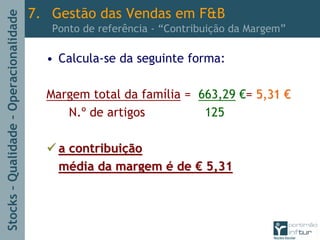Stocks–Qualidade–Operacionalidade
• Calcula-se da seguinte forma:
Margem total da família = 663,29 €= 5,315,31 €€
N.º de artigos 125
a contribuia contribuiççãoão
mméédia da margemdia da margem éé dede €€ 5,315,31
7. Gestão das Vendas em F&B
Ponto de referência - “Contribuição da Margem”
 