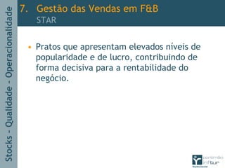 Stocks–Qualidade–Operacionalidade
• Pratos que apresentam elevados níveis de
popularidade e de lucro, contribuindo de
forma decisiva para a rentabilidade do
negócio.
7. Gestão das Vendas em F&B
STAR
 