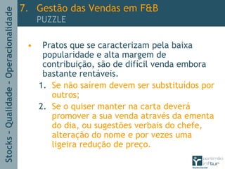 Stocks–Qualidade–Operacionalidade
• Pratos que se caracterizam pela baixa
popularidade e alta margem de
contribuição, são de difícil venda embora
bastante rentáveis.
1. Se não saírem devem ser substituídos por
outros;
2. Se o quiser manter na carta deverá
promover a sua venda através da ementa
do dia, ou sugestões verbais do chefe,
alteração do nome e por vezes uma
ligeira redução de preço.
7. Gestão das Vendas em F&B
PUZZLE
 