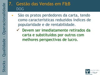 Stocks–Qualidade–Operacionalidade
• São os pratos perdedores da carta, tendo
como características reduzidos índices de
popularidade e de rentabilidade.
Devem ser imediatamente retirados daDevem ser imediatamente retirados da
carta e substitucarta e substituíídos por outros comdos por outros com
melhores perspectivas de lucro.melhores perspectivas de lucro.
7. Gestão das Vendas em F&B
DOG
 
