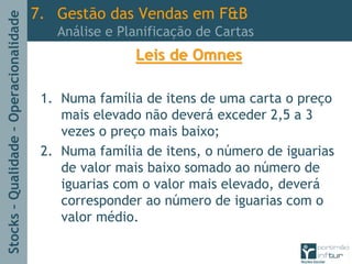 Stocks–Qualidade–Operacionalidade
Leis de OmnesLeis de Omnes
1. Numa família de itens de uma carta o preço
mais elevado não deverá exceder 2,5 a 3
vezes o preço mais baixo;
2. Numa família de itens, o número de iguarias
de valor mais baixo somado ao número de
iguarias com o valor mais elevado, deverá
corresponder ao número de iguarias com o
valor médio.
7. Gestão das Vendas em F&B
Análise e Planificação de Cartas
 