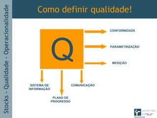 Stocks–Qualidade–Operacionalidade
Como definir qualidade!
CONFORMIDADE
PARAMETRIZAÇÃO
MEDIÇÃO
SISTEMA DE
INFORMAÇÃO
COMUNICAÇÃO
PLANO DE
PROGRESSO
 