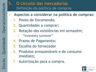 Stocks–Qualidade–Operacionalidade
5. O circuito das mercadorias
Definição da política de compras
• Aspectos a considerar na política de compras:
1. Ponto de Encomenda;
2. Quantidades a comprar;
3. Rotação das existências em armazém;
• “inventory turnover”
4. Prazos de Pagamento;
5. Escolha do fornecedor
6. Produtos armazenáveis e de consumo
imediato;
7. Autorização para a compra.
 