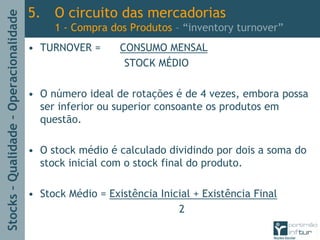 Stocks–Qualidade–Operacionalidade
5. O circuito das mercadorias
1 - Compra dos Produtos – “inventory turnover”
• TURNOVER = CONSUMO MENSAL
STOCK MÉDIO
• O número ideal de rotações é de 4 vezes, embora possa
ser inferior ou superior consoante os produtos em
questão.
• O stock médio é calculado dividindo por dois a soma do
stock inicial com o stock final do produto.
• Stock Médio = Existência Inicial + Existência Final
2
 