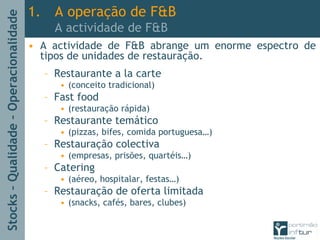 Stocks–Qualidade–Operacionalidade
• A actividade de F&B abrange um enorme espectro de
tipos de unidades de restauração.
– Restaurante a la carte
• (conceito tradicional)
– Fast food
• (restauração rápida)
– Restaurante temático
• (pizzas, bifes, comida portuguesa…)
– Restauração colectiva
• (empresas, prisões, quartéis…)
– Catering
• (aéreo, hospitalar, festas…)
– Restauração de oferta limitada
• (snacks, cafés, bares, clubes)
1. A operação de F&B
A actividade de F&B
 