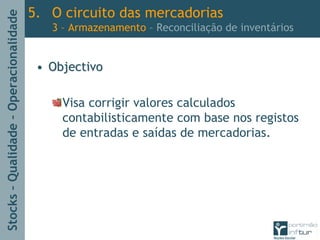 Stocks–Qualidade–Operacionalidade
•• ObjectivoObjectivo
Visa corrigir valores calculados
contabilisticamente com base nos registos
de entradas e saídas de mercadorias.
5. O circuito das mercadorias
3 – Armazenamento – Reconciliação de inventários
 