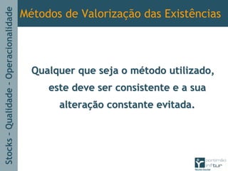 Stocks–Qualidade–Operacionalidade
Métodos de Valorização das Existências
Qualquer que seja o mQualquer que seja o méétodo utilizado,todo utilizado,
este deve ser consistente e a suaeste deve ser consistente e a sua
alteraalteraçção constante evitada.ão constante evitada.
 