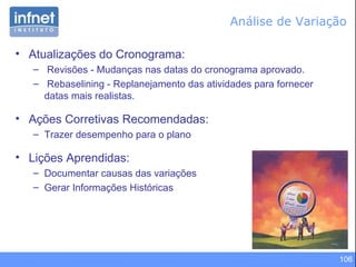 Análise de Variação Atualizações do Cronograma: Revisões - Mudanças nas datas do cronograma aprovado. Rebaselining - Replanejamento das atividades para fornecer datas mais realistas. Ações Corretivas Recomendadas: Trazer desempenho para o plano Lições Aprendidas:  Documentar causas das variações Gerar Informações Históricas 