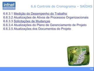 6.6 Controle de Cronograma – SAÍDAS 6.6.3.1  Medição do Desempenho do Trabalho 6.6.3.2 Atualizações de Ativos de Processos Organizacionais 6.6.3.3  Solicitações de Mudanças 6.6.3.4 Atualizações do Plano de Gerenciamento de Projeto 6.6.3.5 Atualizações dos Documentos do Projeto 