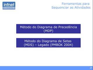 Ferramentas para  Sequenciar as Atividades Método do Diagrama de Precedência (MDP) Método do Diagrama de Setas  (MDS) – Legado (PMBOK 2004) 