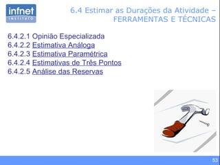 6.4 Estimar as Durações da Atividade – FERRAMENTAS E TÉCNICAS 6.4.2.1 Opinião Especializada 6.4.2.2  Estimativa Análoga 6.4.2.3  Estimativa Paramétrica 6.4.2.4  Estimativas de Três Pontos 6.4.2.5  Análise das Reservas 
