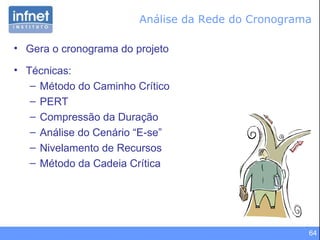 Análise da Rede do Cronograma Gera o cronograma do projeto Técnicas: Método do Caminho Crítico PERT Compressão da Duração Análise do Cenário “E-se” Nivelamento de Recursos Método da Cadeia Crítica 