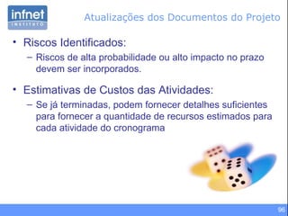 Atualizações dos Documentos do Projeto Riscos Identificados: Riscos de alta probabilidade ou alto impacto no prazo devem ser incorporados. Estimativas de Custos das Atividades : Se já terminadas, podem fornecer detalhes suficientes para fornecer a quantidade de recursos estimados para cada atividade do cronograma 