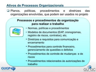 Ativos de Processos Organizacionais
 Planos, políticas, procedimentos e diretrizes das
organizações envolvidas, que podem ser usados no projeto
• Normas, políticas e procedimentos
• Modelos de documentos (EAP, cronogramas,
registro de riscos, contratos), etc.
• Diretrizes e requisitos para comunicação e
encerramento
• Procedimentos para controle financeiro,
gerenciamento de questões e defeitos
• Procedimentos de controle de mudanças e de
riscos
• Procedimentos relacionados às autorizações de
trabalho
Processos e procedimentos da organização
para realizar o trabalho
 