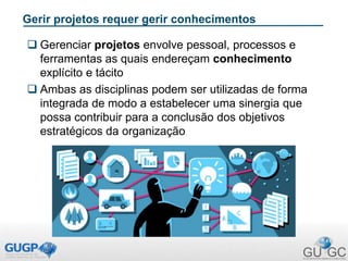 Gerir projetos requer gerir conhecimentos
 Gerenciar projetos envolve pessoal, processos e
ferramentas as quais endereçam conhecimento
explícito e tácito
 Ambas as disciplinas podem ser utilizadas de forma
integrada de modo a estabelecer uma sinergia que
possa contribuir para a conclusão dos objetivos
estratégicos da organização
 