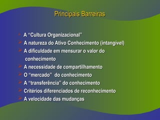 Principais Barreiras
Principais Barreiras
 A “Cultura Organizacional”
A “Cultura Organizacional”
 A natureza do Ativo Conhecimento (intangível)
A natureza do Ativo Conhecimento (intangível)
 A dificuldade em mensurar o valor do
A dificuldade em mensurar o valor do
conhecimento
conhecimento
 A necessidade de compartilhamento
A necessidade de compartilhamento
 O “mercado” do conhecimento
O “mercado” do conhecimento
 A “transferência” do conhecimento
A “transferência” do conhecimento
 Critérios diferenciados de reconhecimento
Critérios diferenciados de reconhecimento
 A velocidade das mudanças
A velocidade das mudanças
 