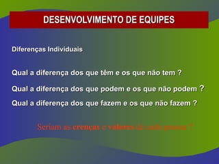Diferenças Individuais
Diferenças Individuais
Qual a diferença dos que têm e os que não tem ?
Qual a diferença dos que têm e os que não tem ?
Qual a diferença dos que podem e os que não podem
Qual a diferença dos que podem e os que não podem ?
?
Qual a diferença dos que fazem e os que não fazem ?
Qual a diferença dos que fazem e os que não fazem ?
DESENVOLVIMENTO DE EQUIPES
DESENVOLVIMENTO DE EQUIPES
Seriam as crenças e valores de cada pessoa ?
 