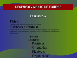 DESENVOLVIMENTO DE EQUIPES
DESENVOLVIMENTO DE EQUIPES
Física:
Capacidade dos materiais de resistirem aos choques.
Ciências humanas:
Capacidade de um ser humano de resistir às adversidades por uma visão positiva
para manter o equilíbrio e a sua integridade física e mental mesmo nos momentos
mais críticos
RESILIÊNCIA
RESILIÊNCIA
Pessoas
Resilientes
Positivas
Orientadas
Flexíveis
Organizadas
 