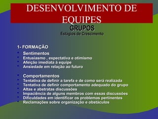 GRUPOS
GRUPOS
Estágios de Crescimento
Estágios de Crescimento
1- FORMAÇÃO
1- FORMAÇÃO
 Sentimentos
Sentimentos
 Entusiasmo , expectativa e otimismo
Entusiasmo , expectativa e otimismo
 Afeição imediata à equipe
Afeição imediata à equipe
 Ansiedade em relação ao futuro
Ansiedade em relação ao futuro
 Comportamentos
Comportamentos
 Tentativa de definir a tarefa e de como será realizada
Tentativa de definir a tarefa e de como será realizada
 Tentativa de definir comportamento adequado do grupo
Tentativa de definir comportamento adequado do grupo
 Altas e abstratas discussões
Altas e abstratas discussões
 Impaciência de alguns membros com essas discussões
Impaciência de alguns membros com essas discussões
 Dificuldades em identificar os problemas pertinentes
Dificuldades em identificar os problemas pertinentes
 Reclamações sobre organização e obstáculos
Reclamações sobre organização e obstáculos
DESENVOLVIMENTO DE
EQUIPES
 