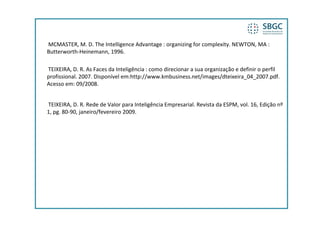 MCMASTER, M. D. The Intelligence Advantage : organizing for complexity. NEWTON, MA : 
Butterworth‐Heinemann, 1996.

TEIXEIRA, D. R. As Faces da Inteligência : como direcionar a sua organização e definir o perfil 
profissional. 2007. Disponível em:http://www.kmbusiness.net/images/dteixeira_04_2007.pdf. 
Acesso em: 09/2008.


TEIXEIRA, D. R. Rede de Valor para Inteligência Empresarial. Revista da ESPM, vol. 16, Edição nº 
1, pg. 80 90, janeiro/fevereiro 2009.
1 pg 80‐90 janeiro/fevereiro 2009
 