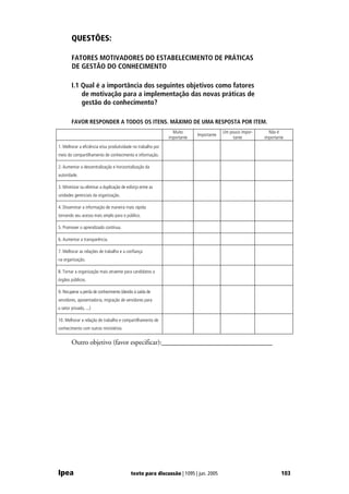 QUESTÕES:

        FATORES MOTIVADORES DO ESTABELECIMENTO DE PRÁTICAS
        DE GESTÃO DO CONHECIMENTO

        I.1 Qual é a importância dos seguintes objetivos como fatores
            de motivação para a implementação das novas práticas de
            gestão do conhecimento?

        FAVOR RESPONDER A TODOS OS ITENS. MÁXIMO DE UMA RESPOSTA POR ITEM.
                                                                Muito                   Um pouco impor-     Não é
                                                                           Importante
                                                              importante                     tante        importante
1. Melhorar a eficiência e/ou produtividade no trabalho por
meio do compartilhamento de conhecimento e informação.

2. Aumentar a descentralização e horizontalização da
autoridade.

3. Minimizar ou eliminar a duplicação de esforço entre as
unidades gerenciais da organização.

4. Disseminar a informação de maneira mais rápida
tornando seu acesso mais amplo para o público.

5. Promover o aprendizado contínuo.

6. Aumentar a transparência.

7. Melhorar as relações de trabalho e a confiança
na organização.

8. Tornar a organização mais atraente para candidatos a
órgãos públicos.

9. Recuperar a perda de conhecimento (devido à saída de
servidores, aposentadoria, migração de servidores para
o setor privado, ...)

10. Melhorar a relação de trabalho e compartilhamento de
conhecimento com outros ministérios


        Outro objetivo (favor especificar):________________________________




Ipea                                       texto para discussão | 1095 | jun. 2005                                103
 