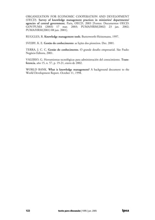 ORGANIZATION FOR ECONOMIC COOPERATION AND DEVELOPMENT
(OECD). Survey of knowledge management practices in ministries/ departments/
agencies of central government. Paris, OECD, 2003 [Fontes: Documentos OECD:
GOV/PUMA (2003) 17 mar. 2003; PUMA/HRM(2002) 23 jan. 2002;
PUMA/HRM(2001) 08 jun. 2001].

RUGGLES, R. Knowledge management tools. Butterworth-Heinemann, 1997.

SVEIBY, K. E. Gestão do conhecimento: as lições dos pioneiros. Dez. 2001.

TERRA, J. C. C. Gestão do conhecimento. O grande desafio empresarial. São Paulo:
Negócio Editora, 2001.

VALERIO, G. Herramientas tecnológicas para administración del conocimiento. Trans-
ferencia, año 15, n. 57, p. 19-21, enero de 2002.

WORLD BANK. What is knowledge management? A background document to the
World Development Report. October 11, 1998.




122                       texto para discussão | 1095 | jun. 2005           Ipea
 