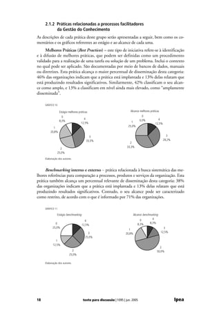 2.1.2 Práticas relacionadas a processos facilitadores
           da Gestão do Conhecimento
As descrições de cada prática deste grupo serão apresentadas a seguir, bem como os co-
mentários e os gráficos referentes ao estágio e ao alcance de cada uma.
     Melhores Práticas (Best Practices) – este tipo de iniciativa refere-se à identificação
e à difusão de melhores práticas, que podem ser definidas como um procedimento
validado para a realização de uma tarefa ou solução de um problema. Inclui o contexto
no qual pode ser aplicado. São documentadas por meio de bancos de dados, manuais
ou diretrizes. Esta prática alcança o maior percentual de disseminação desta categoria:
46% das organizações indicam que a prática está implantada e 13% delas relatam que
está produzindo resultados significativos. Similarmente, 42% classificam o seu alcan-
ce como amplo, e 13% a classificam em nível ainda mais elevado, como “amplamente
disseminada”.

     GRÁFICO 10

                   Estágio melhores práticas                             Alcance melhores práticas
                     0                                                               0
                                        4                                          0,0%          4
                   8,3%                                                   1
                                      12,5%                                                    12,5%
                                                                        25,0%
           1
         20,8%
                                             3                                                           3
                                           33,3%                                                       29,2%
                                                                         2
                                                                       33,3%
                    2
                  25,0%

     Elaboração dos autores.



     Benchmarking interno e externo – prática relacionada à busca sistemática das me-
lhores referências para comparação a processos, produtos e serviços da organização. Esta
prática também alcança um percentual relevante de disseminação desta categoria: 38%
das organizações indicam que a prática está implantada e 13% delas relatam que está
produzindo resultados significativos. Contudo, o seu alcance pode ser caracterizado
como restrito, de acordo com o que é informado por 71% das organizações.

     GRÁFICO 11

               Estágio benchmarking                                           Alcance benchmarking
                                                                                    0         4
                                         4
             0                                                                    8,3%      8,3%
                                       12,5%
           25,0%                                                                                       3
                                                                        1
                                            3                                                        12,5%
                                                                      20,8%
                                          25,0%
             1
           12,5%
                                                                                                   2
                             2                                                                   50,0%
                           25,0%

     Elaboração dos autores.




18                                      texto para discussão | 1095 | jun. 2005                                Ipea
 