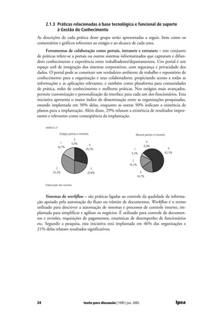 2.1.3 Práticas relacionadas à base tecnológica e funcional de suporte
           à Gestão do Conhecimento
As descrições de cada prática deste grupo serão apresentadas a seguir, bem como os
comentários e gráficos referentes ao estágio e ao alcance de cada uma.
      Ferramentas de colaboração como portais, intranets e extranets – este conjunto
de práticas refere-se a portais ou outros sistemas informatizados que capturam e difun-
dem conhecimento e experiência entre trabalhadores/departamentos. Um portal é um
espaço web de integração dos sistemas corporativos, com segurança e privacidade dos
dados. O portal pode se constituir um verdadeiro ambiente de trabalho e repositório de
conhecimento para a organização e seus colaboradores, propiciando acesso a todas as
informações e as aplicações relevantes, e também como plataforma para comunidades
de prática, redes de conhecimento e melhores práticas. Nos estágios mais avançados,
permite customização e personalização da interface para cada um dos funcionários. Esta
iniciativa apresenta o maior índice de disseminação entre as organizações pesquisadas,
estando implantada em 50% delas, enquanto as outras 50% indicam a existência de
planos para a implantação. Além disso, 29% relatam a existência de resultados impor-
tantes e relevantes como conseqüência da implantação.

     GRÁFICO 21

                  Estágio portais e intranets                               Alcance portais e intranets
                               0
                 1                                                                   0
                             0,0%           4
               16,7%                                                               0,0%
                                          29,2%                            1                            4
                                                                         4,2%                         62,5%

                                                                          2
                                                                        16,7%
             2                               3
           33,3%                           20,8%                               3
                                                                             16,7%

     Elaboração dos autores.



      Sistemas de workflow – são práticas ligadas ao controle da qualidade da informa-
ção apoiado pela automação do fluxo ou trâmite de documentos. Workflow é o termo
utilizado para descrever a automação de sistemas e processos de controle interno, im-
plantada para simplificar e agilizar os negócios. É utilizado para controle de documen-
tos e revisões, requisições de pagamentos, estatísticas de desempenho de funcionários
etc. Segundo a pesquisa, esta iniciativa está implantada em 46% das organizações e
21% delas relatam resultados significativos.




24                                      texto para discussão | 1095 | jun. 2005                               Ipea
 