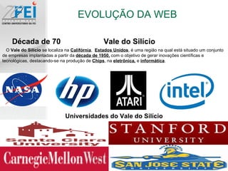 EVOLUÇÃO DA WEB Década de 70 Vale do Silício O  Vale do Silício  se localiza na  Califórnia ,  Estados Unidos , é uma região na qual está situado um conjunto de empresas implantadas a partir da  década de 1950,  com o objetivo de gerar inovações científicas e tecnológicas, destacando-se na produção de  Chips , na  eletrônica,  e  informática . Universidades do Vale do Silício 