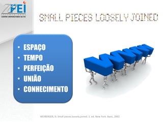ESPAÇO TEMPO PERFEIÇÃO UNIÃO CONHECIMENTO WEIBERGER, D. Small pieces loosely joined. 1. ed. New York: Basic, 2002 