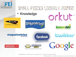 Knowledge Palavra-chave: a cada pesquisa um novo conhecimento WEIBERGER, D. Small pieces loosely joined. 1. ed. New York: Basic, 2002 