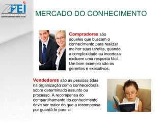 MERCADO DO CONHECIMENTO Compradores  são aqueles que buscam o conhecimento para realizar melhor suas tarefas, quando a complexidade ou incerteza excluem uma resposta fácil. Um bom exemplo são os gerentes e executivos. Vendedores   são as pessoas tidas na organização como conhecedoras sobre determinado assunto ou processo. A recompensa do compartilhamento do conhecimento deve ser maior do que a recompensa por guardá-lo para si 