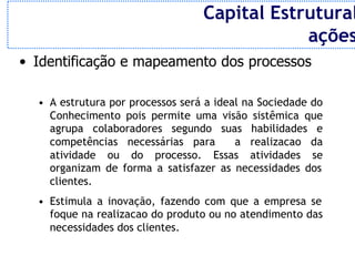 Capital Estrutural
                                              ações
• Identificação e mapeamento dos processos

  • A estrutura por processos será a ideal na Sociedade do
    Conhecimento pois permite uma visão sistêmica que
    agrupa colaboradores segundo suas habilidades e
    competências necessárias para        a realizacao da
    atividade ou do processo. Essas atividades se
    organizam de forma a satisfazer as necessidades dos
    clientes.
  • Estimula a inovação, fazendo com que a empresa se
    foque na realizacao do produto ou no atendimento das
    necessidades dos clientes.
 