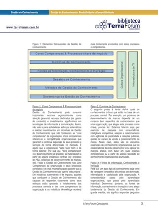 Figura 1: Elementos Estruturantes da Gestão do                mais diretamente envolvidos com estes processos
Conhecimento                                                  e competences.

   C o re s C om p ete nc es & P rocess o s-ch a ve d e n e gó cio


                     D o m ín io s d e C on h ec im e nto




                                                                                            Cultura Organizacional



                                                                                                                     Infra-estrutura de TI
     F o n tes de In fo rm a ç ão , C on h ec im e n to e In o va çã o


                      D e s a fio s d e C on h ec im e nto


              M é to d o s d e G es tão do C o nh ec im e n to


           G o ve rn a n ça d a G e s tã o do C on h e cim e n to


Passo 1: Cores Competences & Processos-chave                  Passo 2: Domínios de Conhecimento
de negócio                                                    O segundo passo é tentar definir quais os
Gestão do Conhecimento pode consumir                          conhecimentos críticos que estão na base de um
importantes recursos organizacionais como                     processo central. Por exemplo, um processo de
atenção gerencial, recursos dedicados (ex: gestor             desenvolvimento de marcas depende de um
de conteúdo) e investimentos significativos em                conjunto bem específico de conhecimentos que
tecnologias de informação e comunicação. Assim,               uma organização, que elegeu este processo como
não vale a pena estabelecer esforços sistemáticos             chave, precisa ter. Estamos falando aqui, por
e realizar investimentos em iniciativas de Gestão             exemplo, de: pesquisa com consumidores,
do Conhecimento que não fortaleçam as “core                   inteligência competitiva, seleção e relacionamento
competences” da organização. Core competences                 com agências de publicidade e relações públicas,
referem-se a competências organizacionais que                 gestão de canais de venda e posicionamento de
garantem a contínua expansão de seus produtos e               marca. Neste caso, estes são os conjuntos
serviços de forma diferenciada no mercado. É                  essenciais de conhecimento organizacional que os
aquilo que a organização “sabe fazer bem e de                 colaboradores deverão desenvolver e/ou aplicar de
forma distinta”. Por sua vez, “core competences”              maneira efetiva com base em suas próprias
(ex: desenvolvimento de produto) se materializam a            competências ou a partir do acesso facilitado ao
partir de alguns processos centrais (ex: processo             conhecimento organizacional acumulado.
de P&D, processo de desenvolvimento de marcas,
etc). Focar a Gestão do Conhecimento nas Core                 Passo 3: Fontes de Informação, Conhecimento e
Competences da organização e seus processos                   Inovação
correlatos é de vital importância para garantir que a         Para que um dado tipo de conhecimento seja fonte
Gestão do Conhecimento não “ganhe vida própria”.              de vantagem competitiva ele precisa ser dominado,
Em iniciativas sustentáveis e de impacto, aqueles             internalizado e capitalizado pela organização. A
que conduzem a Gestão do Conhecimento são                     competitividade    passa      pelo    aprendizado
capazes de responder claramente como seus                     organizacional, que passa pelo aprendizado
esforços estão apoiando o fortalecimento dos                  individual. Determinar, portanto, as fontes de
processos centrais e das core competences da                  informação, conhecimento e inovação é uma etapa
organização e os indivíduos (knowledge workers)               fundamental da Gestão do Conhecimento. Em
                                                              grande medida, isto significa responder perguntas



                                                        ©TerraForum Consultores                                                              2
 